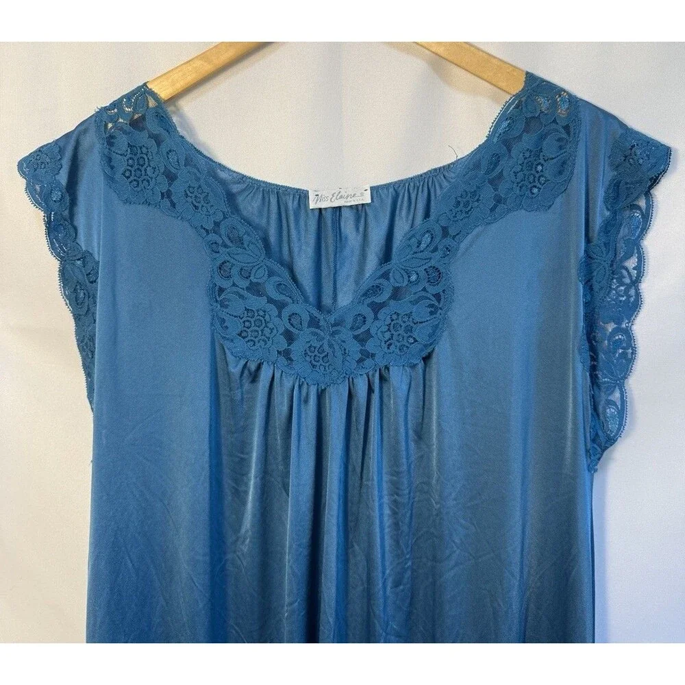 Vintage Miss Elaine Nightgown Dress Babydoll Turquoise blue Nylon Large Made USA